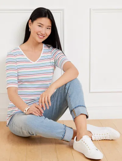 Talbots Plus Petite - Elbow Sleeve V-neck T-shirt - Margot Stripe - White/hot Coral - X - 100% Cotton Talbot In White,hot Coral