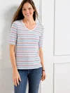 Talbots Plus Petite - Elbow Sleeve V-neck T-shirt - Margot Stripe - White/red - 2x - 100% Cotton