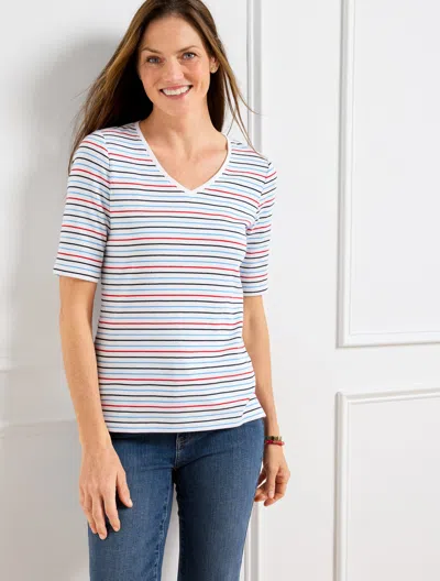 Talbots Plus Petite - Elbow Sleeve V-neck T-shirt - Margot Stripe - White/red - 2x - 100% Cotton
