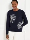 Talbots Petite - Embellished Flowers Crewneck Sweatshirt - Blue - 2xs - 100% Cotton