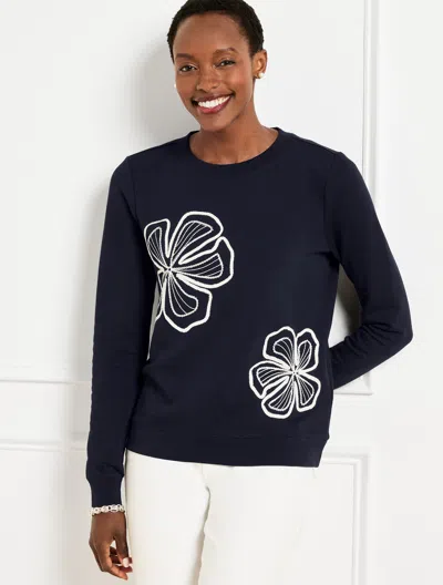 Talbots Petite - Embellished Flowers Crewneck Sweatshirt - Blue - 2xs - 100% Cotton