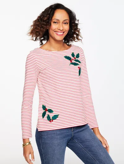 Talbots Plus Petite - Embroidered Bateau Neck T-shirt - Harmony Stripe - Ivory/red - 2x  In Pink