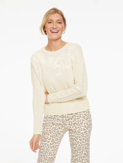 Talbots Plus Petite - Embroidered Crewneck Sweater - Paisley - Ivory - 1x - 100% Cotton  In White