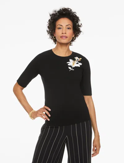 Talbots Plus Petite - Embroidered Elbow Sleeve Sweater - Black - 2x