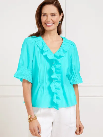 Talbots Plus Size - Embroidered Eyelet Ruffle Top - Vivid Turquoise - 1x