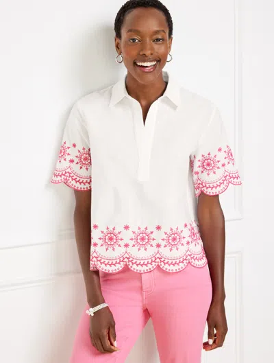 Talbots Plus Petite - Embroidered Linen Cotton Short Shirt - Scallop Medallion - White/camellia Rose - 1x Ta In White,camellia Rose