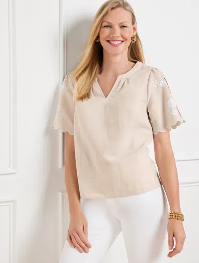 Talbots Plus Petite - Embroidered Linen Cotton Top - Beige/white - 1x