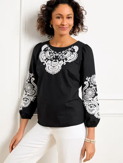 Talbots Petite - Embroidered Linen Cotton Top - Black - Xl