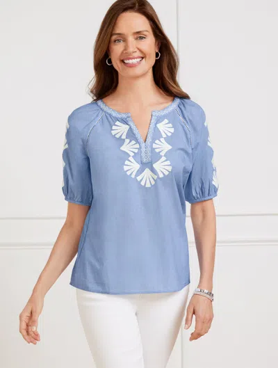 Talbots Plus Petite - Embroidered Elbow Sleeve Top - Blue/white - 3x  In Blue,white