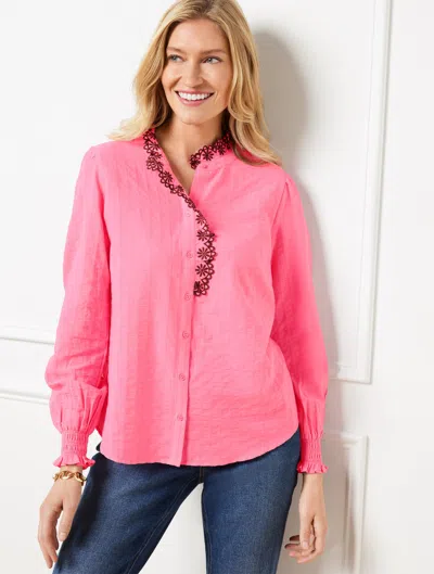 Talbots Plus Petite - Embroidered Smocked Top - Petunia Pink - 1x - 100% Cotton