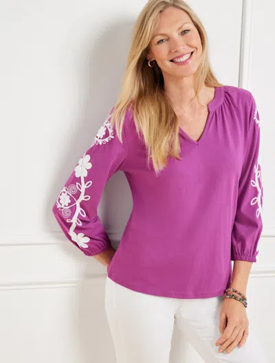 Talbots Plus Petite - Embroidered Split Neck T-shirt - Violet Sunset - 2x - 100% Cotton