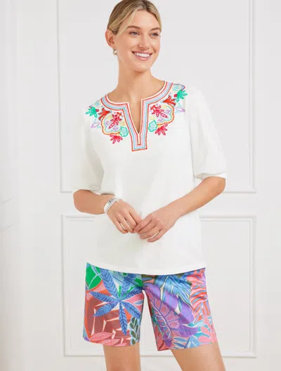 Talbots Plus Petite - Embroidered Split Neck Top - White - X - 100% Cotton
