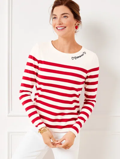 Talbots Plus Petite - Embroidered T-shirt - Amour Stripe - Ivory/red - 2x - 100% Cotton  In Ivory,red