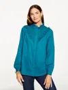 Talbots Plus Petite - Eyelet Ruffle Button Front Top - Blue Spruce - X  In Blue