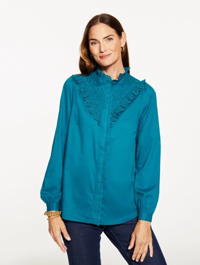 Talbots Plus Petite - Eyelet Ruffle Button Front Top - Blue Spruce - X