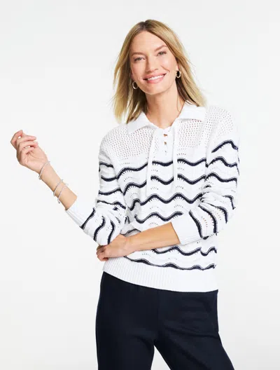 Talbots Plus Petite - Flame Stitch Johnny Collar Pullover Sweater - White/indigo - 3x  In Multi