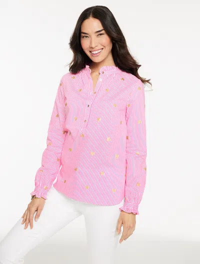 Talbots Plus Petite - Heart Stripe Poplin Top - Pink/white/gold - 3x - 100% Cotton