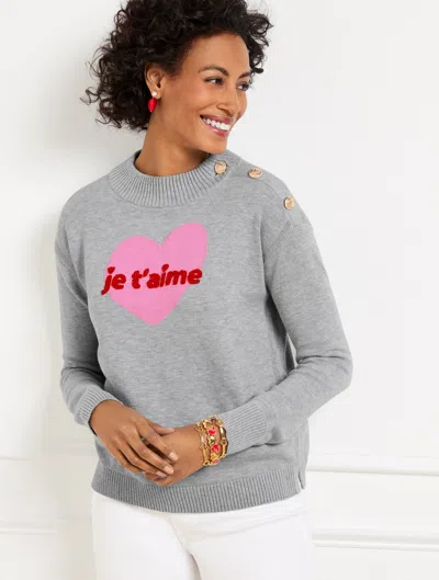 Talbots Plus Petite - Je Tâaime Heart Mockneck Pullover Sweater - Grey Sky Heather/pink Rouge - 2x  In Grey Sky Heather,pink Rouge