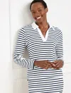 Talbots Plus Petite - Seaside French Terry Johnny Collar Pullover Sweater - Allegra Stripe - White/indigo - In White,indigo