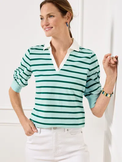 Talbots Plus Petite - Johnny Collar Pullover Sweater - Primrose Stripe - Blue Ice/heritage Green - 2x Talbot In Blue Ice,heritage Green