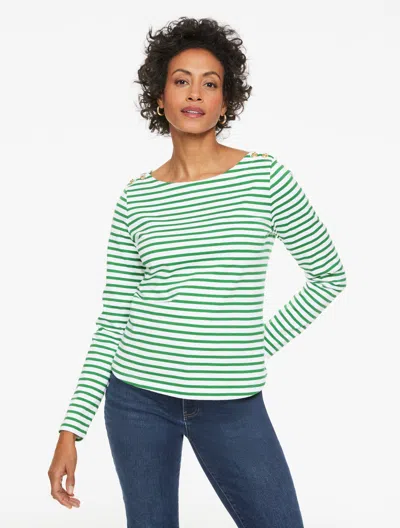 Talbots Plus Petite - Knot Button Shoulder T-shirt - Aisling Stripe - White/hillside Green - 3x - 100% Cotto