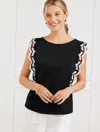 Talbots Plus Petite - Lace Trim Bateau Neck Top - Black - 3x - 100% Cotton  In Black