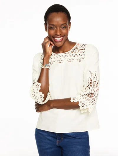 Talbots Plus Petite - Lace Trim Poplin Top - Ivory - 3x - 100% Cotton  In White