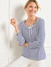 Talbots Plus Petite - Lace Up Scoop Neck T-shirt - White/indigo - 3x - 100% Cotton  In White,indigo