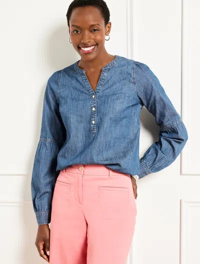 Talbots Plus Petite - Lantern Sleeve Short Denim Top - Kinney Wash - 3x - 100% Cotton
