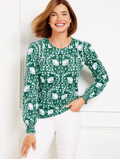Talbots Misses - Lattice Trim Crewneck T-shirt - Intricate Flowers - Heritage Green/ivory - Xs - 100% Cotton In Heritage Green,ivory