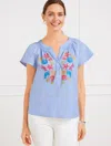 Talbots Plus Petite - Linen Cotton Top - Embroidered Seashell - Bluebell/white - 2x  In Bluebell,white