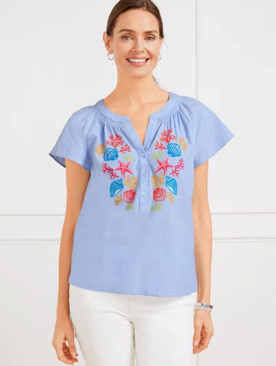Talbots Plus Petite - Linen Cotton Top - Embroidered Seashell - Bluebell/white - 2x  In Bluebell,white