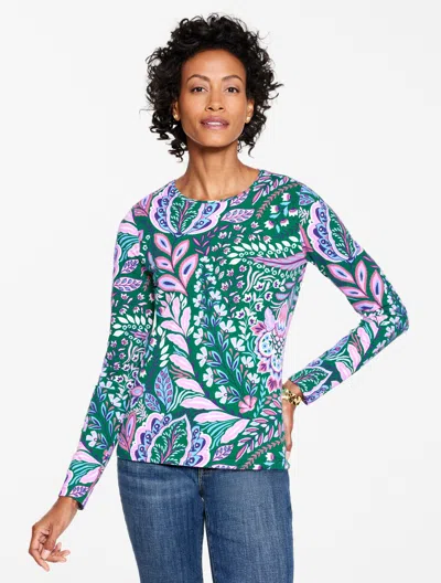 Talbots Plus Petite - Long Sleeve Crewneck T-shirt - Botanical Paisley - Pine Grove - 1x  In Green