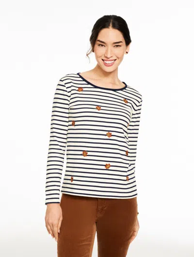 Talbots Plus Petite - Long Sleeve Crewneck T-shirt - Falling Leaves - Ivory/indigo - 2x  In White