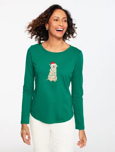 Talbots Plus Petite - Long Sleeve Crewneck T-shirt - Festive Dog - Lush Green - 2x