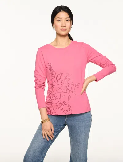 Talbots Plus Petite - Long Sleeve Crewneck T-shirt - Foil Floral - Petunia Pink - 3x