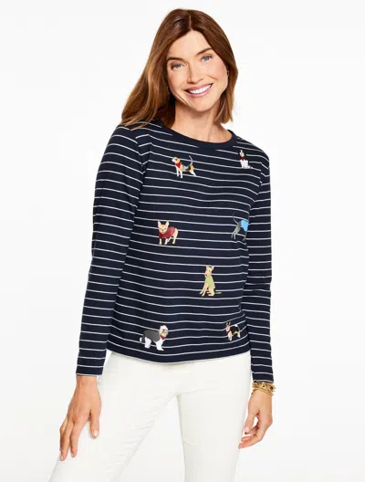 Talbots Plus Petite - Long Sleeve Crewneck T-shirt - Jovial Dogs - Indigo Blue/ivory - X