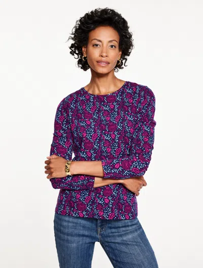 Talbots Plus Petite - Long Sleeve Crewneck T-shirt - Leafy Floral - Ink/party Plum Mlti - 2x  In Blue