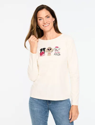 Talbots Plus Petite - Long Sleeve Crewneck T-shirt - Lovely Dogs - Ivory - 1x  In White