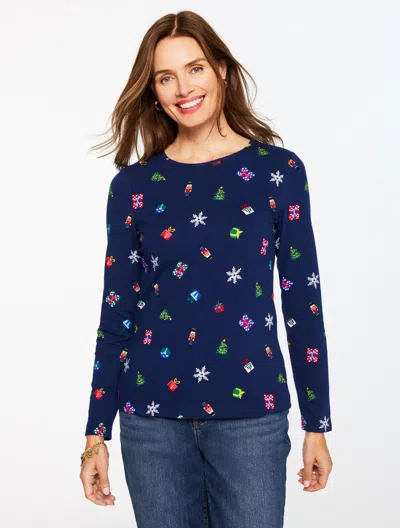 Talbots Plus Petite - Long Sleeve Crewneck T-shirt - Tossed Gifts - Ink - 3x  In Black