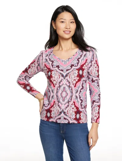 Talbots Plus Petite - Long Sleeve V-neck T-shirt - Merry Medallions - Port Wine/petunia Pink - 2x