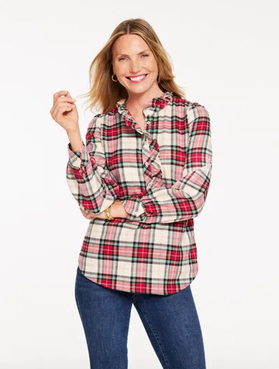 Talbots Plus Petite - Metallic Ruffle Popover Shirt - Heartwarming Plaid - Ivory - 3x  In White