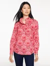 Talbots Plus Petite - Metallic Ruffle Popover Shirt - Joyful Damask - Stunning Pink - X  In Pink