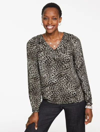 Talbots Plus Petite - Metallic V-neck Top - Swirly Leopard - Dark Grey - 3x  In Black