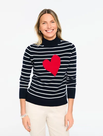 Talbots Plus Petite - Mockneck Pullover Sweater - Stripe Intarsia Heart - Indigo Blue/red - 2x  In Black