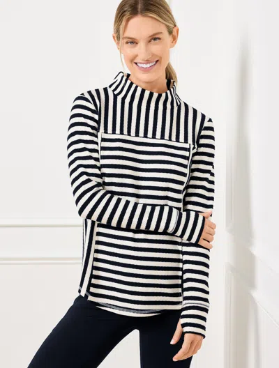 Talbots Petite - Mockneck Pullover Sweater - Textured Stripe - Indigo/ivory - Large  In Indigo,ivory
