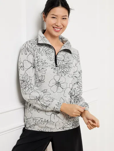 Talbots Plus Petite - Modal French Terry Mockneck Pullover Sweater - Outlined Floral - Grey Sky Heather/blac In Grey Sky Heather,black