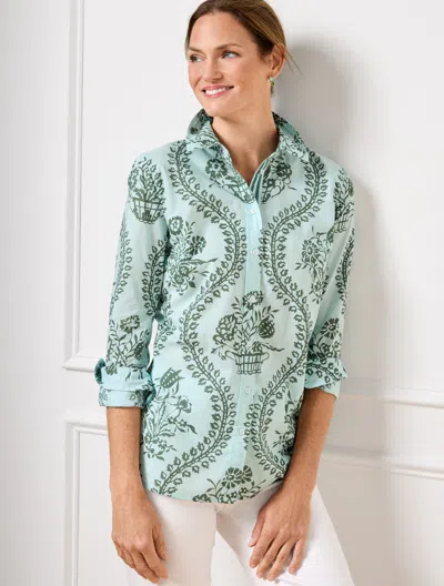 Talbots Plus Petite - Modern Classic Shirt - Flowing Floral - Blue Ice/heritage Green - 1x  In Blue Ice,heritage Green