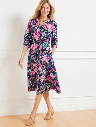 Talbots Plus Petite - Modern Poplin Puff Sleeve Shirtdress - Joyful Jacobean - Ink - 16 - 100% Cotton Talbot In Black