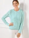 Talbots Plus Size - Open Knit Cable Crewneck Sweater - Blue Ice - 1x - 100% Cotton